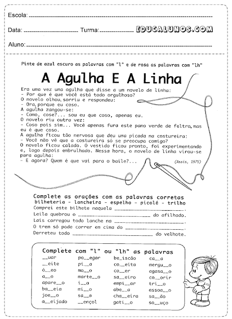 Pinte de azul escuro as palavras com "L" e rosa as palavras com "Lh"