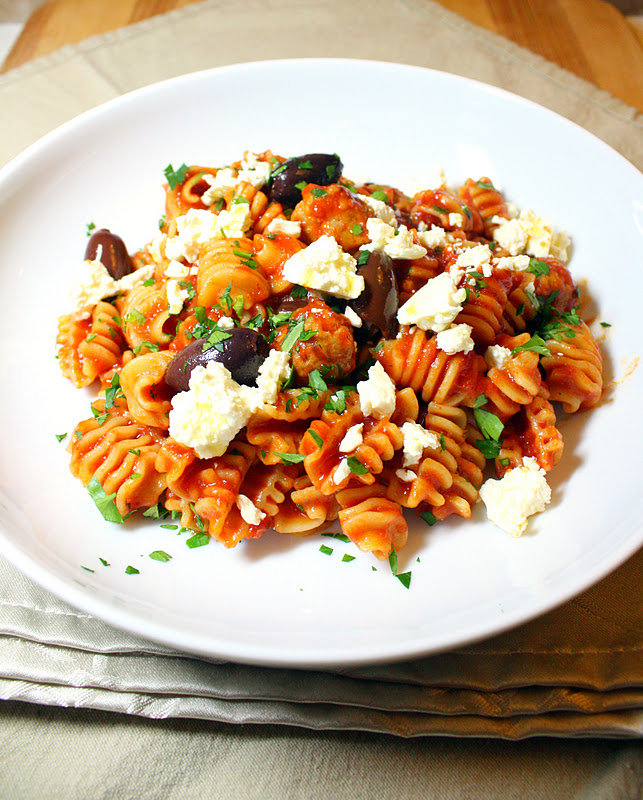 Vanilla Clouds and Lemon Drops Sausage, Olive & Tomato Pasta