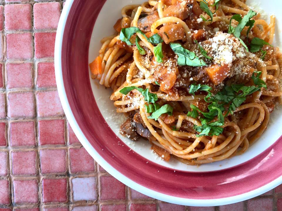 Simple Eggplant Bolognese Kimchi and Beans