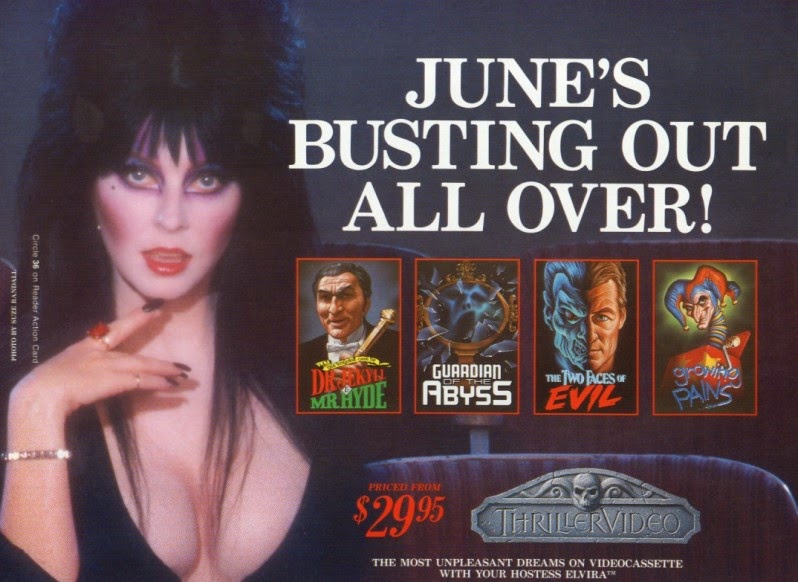 Thriller Video as 1985 June is busting out all over Elvira ad