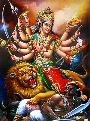 Goddess Durga The Mother Goddess & Her Symbolism Goddess Durga The Mother Goddess & Her Symbolism Goddess Durga is the mother of the universe and believed to be the power behind the work of creation, preservation, and destruction of the world. Since time immemorial she has been worshipped as the supreme power of the Supreme Being and has been mentioned in many scriptures - Yajur Veda, Vajasaneyi Samhita and Taittareya Brahman. The Meaning of "Durga" The word "Durga" in Sanskrit means a fort, or a place which is difficult to overrun. Another meaning of "Durga" is "Durgatinashini," which literally translates into "the one who eliminates sufferings." Thus, Hindus believe that goddess Durga protects her devotees from the evils of the world and at the same time removes their miseries. The Many Forms of Durga There are many incarnations of Durga: Kali, Bhagvati, Bhavani, Ambika, Lalita, Gauri, Kandalini, Java, Rajeswari, et al. Durga incarnated as the united power of all divine beings, who offered her the required physical attributes and weapons to kill the demon "Mahishasur". Her nine appellations are Skondamata, Kusumanda, Shailaputri, Kaalratri, Brahmacharini, Maha Gauri, Katyayani, Chandraghanta and Siddhidatri. Durga's Many Arms Durga is depicted as having eight or ten hands. These represent eight quadrants or ten directions in Hinduism. This suggests that she protects the devotees from all directions. Durga's Three Eyes Like Shiva, Mother Durga is also referred to as "Triyambake" meaning the three eyed Goddess. The left eye represents desire (the moon), the right eye represents action (the sun), and the central eye knowledge (fire). Durga's Vehicle - the Lion The lion represents power, will and determination. Mother Durga riding the lion symbolises her mastery over all these qualities. This suggests to the devotee that one has to possess all these qualities to get over the demon of ego. Durga's Many Weapons The conch shell in Durga's hand symbolizes the 'Pranava' or the mystic word 'Om', which indicates her holding on to God in the form of sound. The bow and arrows represent energy. By holding both the bow and arrows in one hand "Mother Durga" is indicating her control over both aspects of energy - potential and kinetic. The thunderbolt signifies firmness. The devotee of Durga must be firm like thunderbolt in one's convictions. Like the thunderbolt that can break anything against which it strikes, without being affected itself, the devotee needs to attack a challenge without losing his confidence. The lotus in Durga's hand is not in fully bloomed, It symbolizing certainty of success but not finality. The lotus in Sanskrit is called "pankaja" which means born of mud. Thus, lotus stands for the continuous evolution of the spiritual quality of devotees amidst the worldly mud of lust and greed. The "Sudarshan-Chakra" or beautiful discus, which spins around the index finger of the Goddess, while not touching it, signifies that the entire world is subservient to the will of Durga and is at her command. She uses this unfailing weapon to destroy evil and produce an environment conducive to the growth of righteousness. The sword that Durga holds in one of her hands symbolizes knowledge, which has the sharpness of a sword. Knowledge which is free from all doubts, is symbolized by the shine of the sword. Durga's trident or "trishul" is a symbol of three qualities - Satwa (inactivity), Rajas (activity) and Tamas (non-activity) - and she is remover of all the three types of miseries - physical, mental and spiritual. Devi Durga stands on a lion in a fearless pose of "Abhay Mudra", signifying assurance of freedom from fear. The universal mother seems to be saying to all her devotees: "Surrender all actions and duties onto me and I shall release thee from all fears".