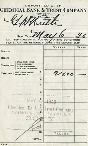 Babe Ruth signed Deposit Slip, 1940