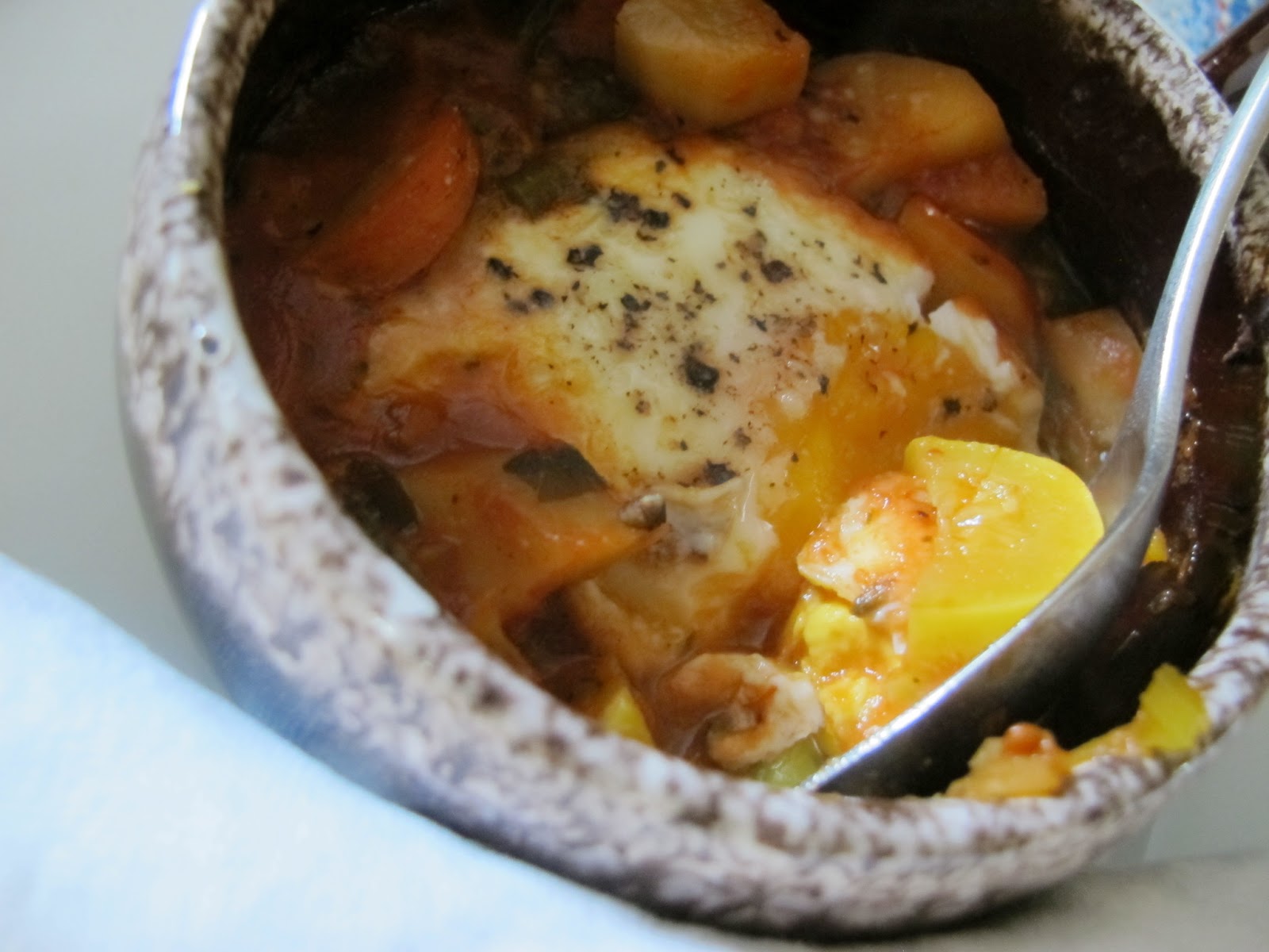 Dinner Place OvenBaked Vegetable Soup with Poached Egg