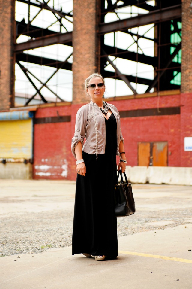 black maxi dress from my closet, jacket from my closet, Tory Burch purse, accessories and bracelets of my own design, necklace from my closet, Marc Jacobs sunglasses black maxi dress from my closet, jacket from my closet, Tory Burch purse, accessories and bracelets of my own design, necklace from my closet, Marc Jacobs sunglasses