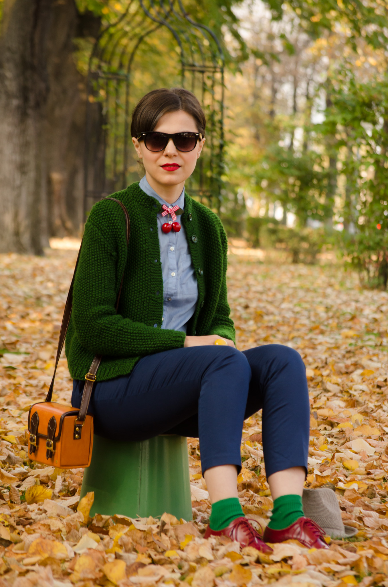 navy blue pants knitted green sweater shirt mustard square bag cherries h&m thrifted  burgundy man shoes oxford autumn scenery yellow leaves