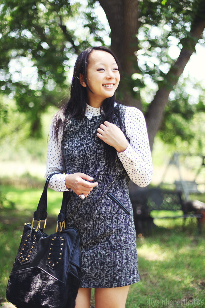 equipment daddy shirt, LOFT tweed shift dress, casadei pumps, house of harlow leather black tote, austin fashion blog, texas style blog, diya liu