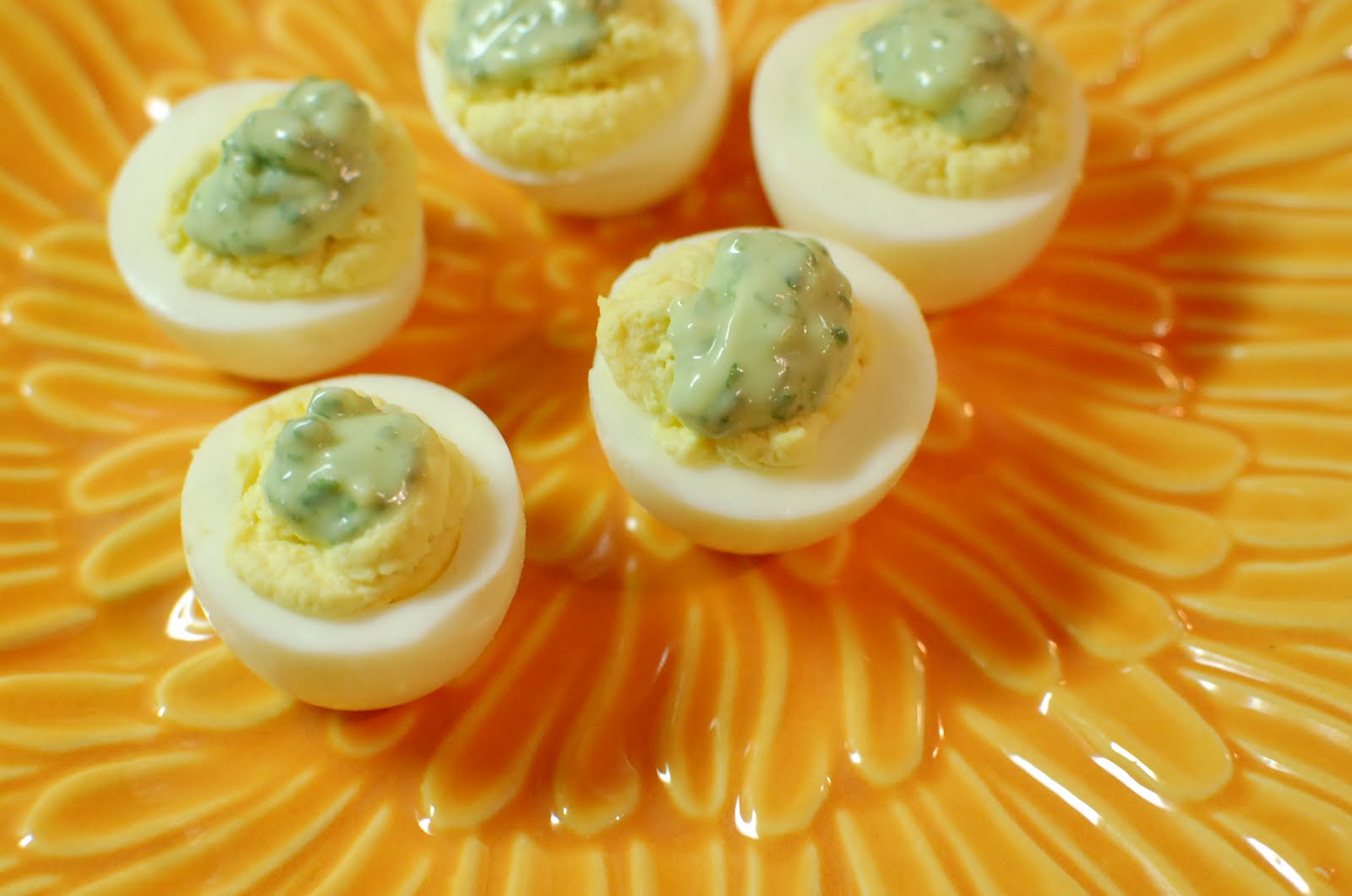 Reckless Abandon Deviled Eggs with Basil Aioli and Crispy Capers