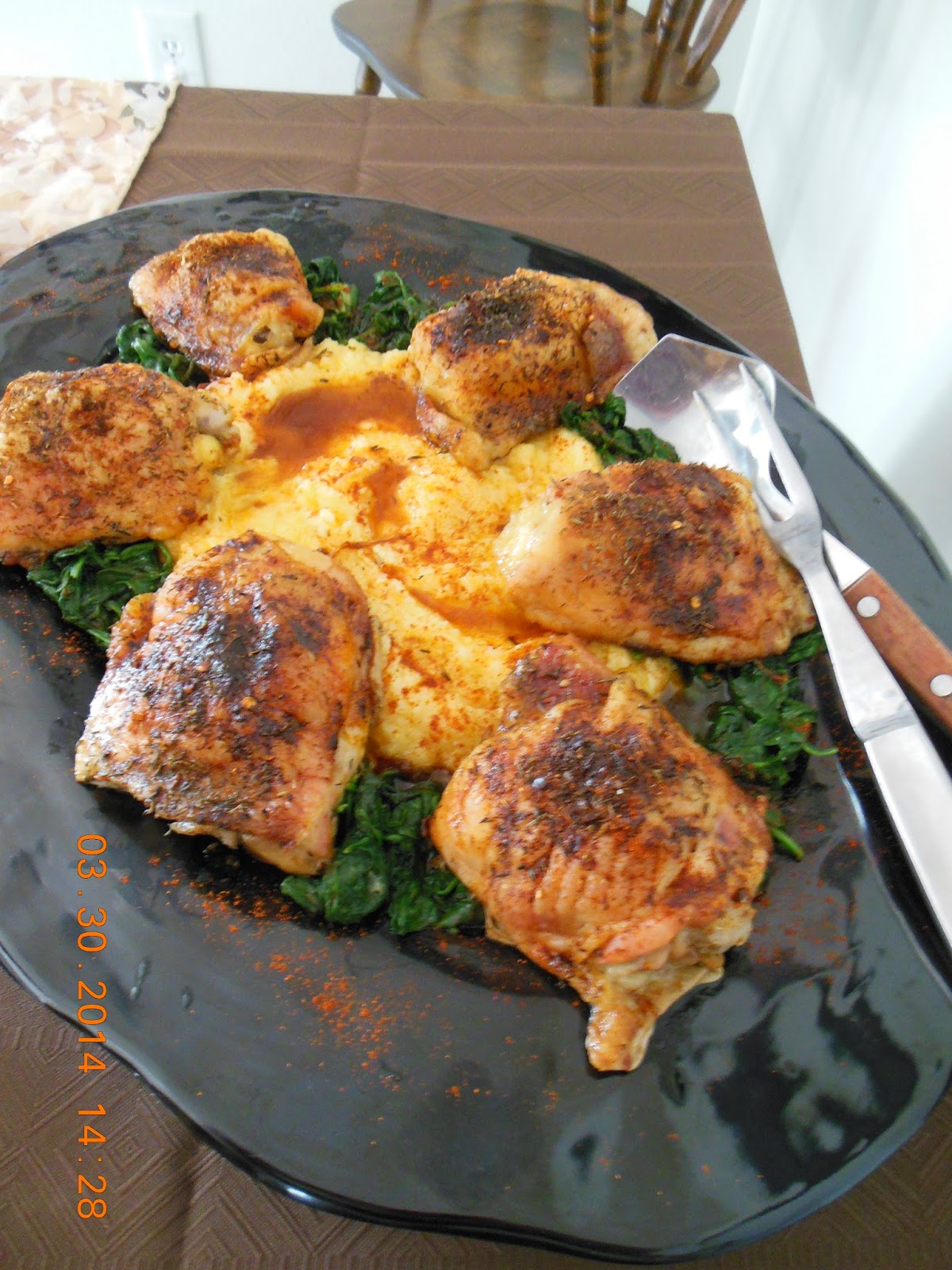 Pepper Thyme Chicken over Polenta with Bitter Greens, from Laurie
