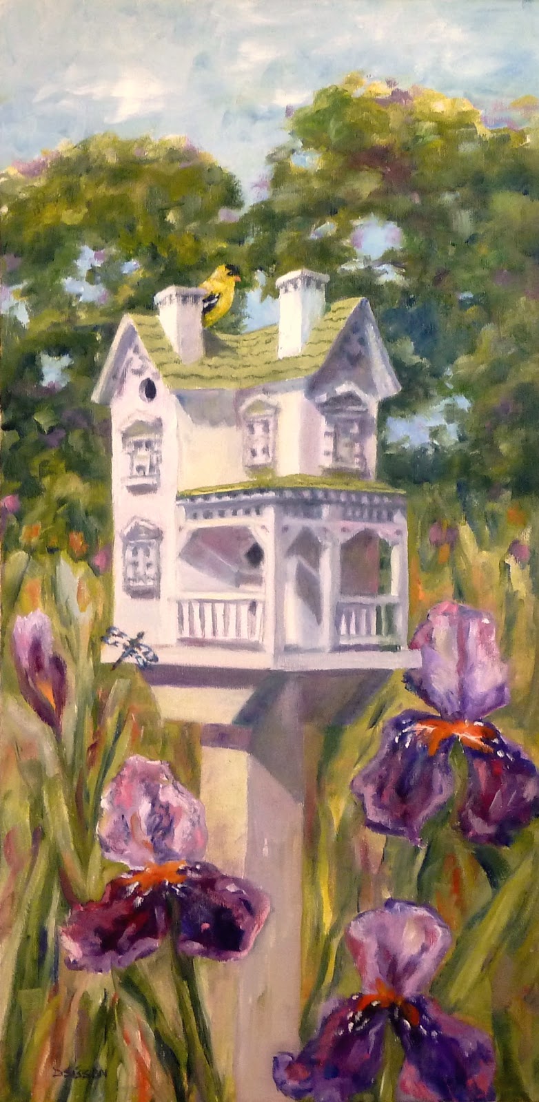 Daily Painting Projects Lynn's Birdhouse Oil Painting Victorian Landscape Art Flowers Goldfinch