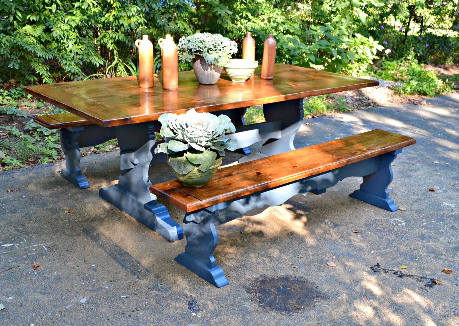 Heir and Space A Handsome Trestle Table Set with Benches
