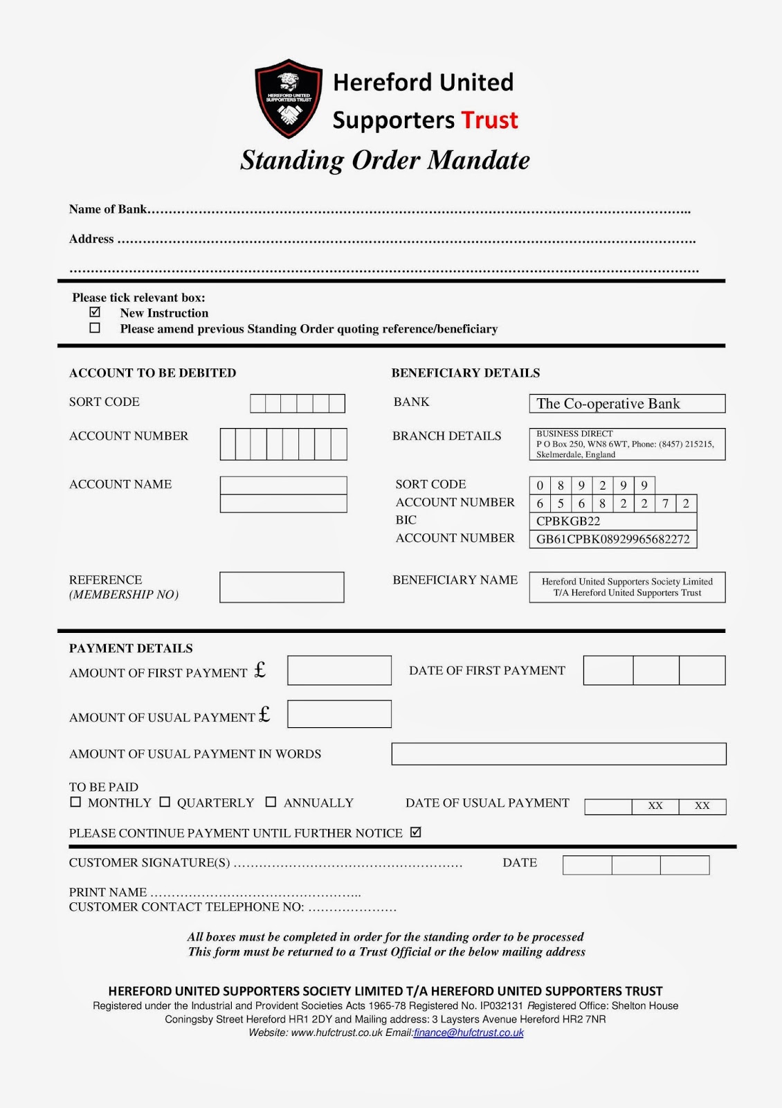 Test HUST Standing Order Scheme