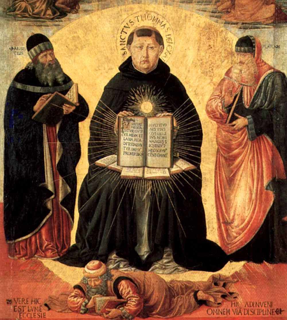 São Tomás de Aquino, apoiado em Platão e Aristotes, esmaga Averroes, 'sábio' maometano São Tomás de Aquino, apoiado em Platão e Aristotes, esmaga Averroes, 'sábio' maometano