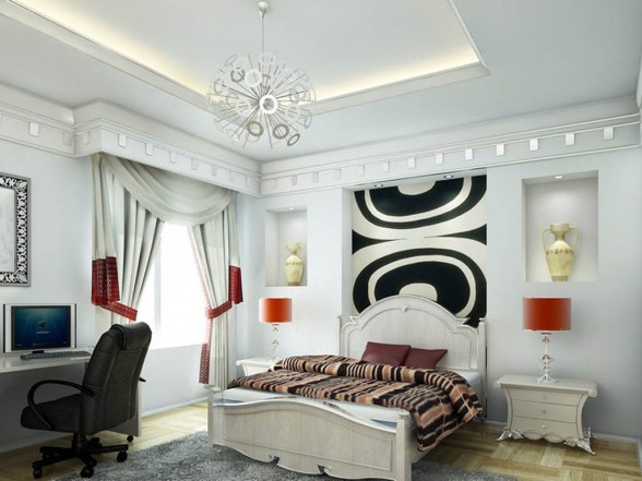 white bedroom with graphic prints