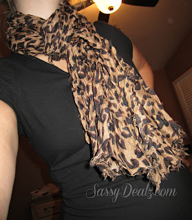 girl wearing a leopard pattern shawl scarf wrap from amazon