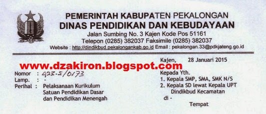 Surat Kepala Dindikbud Kabupaten Pekalongan Nomor 423.5