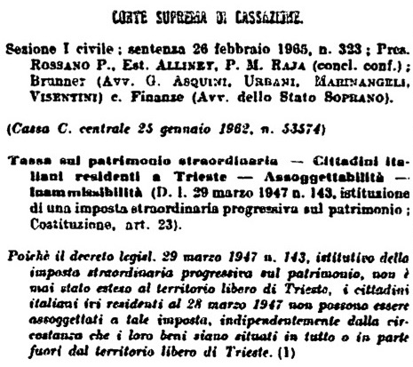Sentenza della Cassazione n. 323 del 26 febbraio 1965: invalidità di leggi della Repubblica italiana nel Territorio Libero di Trieste senza estensione delle stesse con atto del Governo amministratore provvisorio.