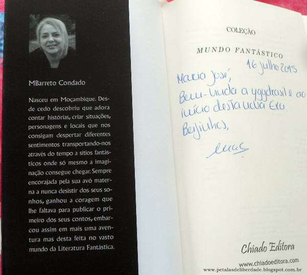 Sobre a autora e dedicatória Resenha, sorteio, livro, Yggdrasil, MBarreto Condado, Chiado, trechos, Portugal