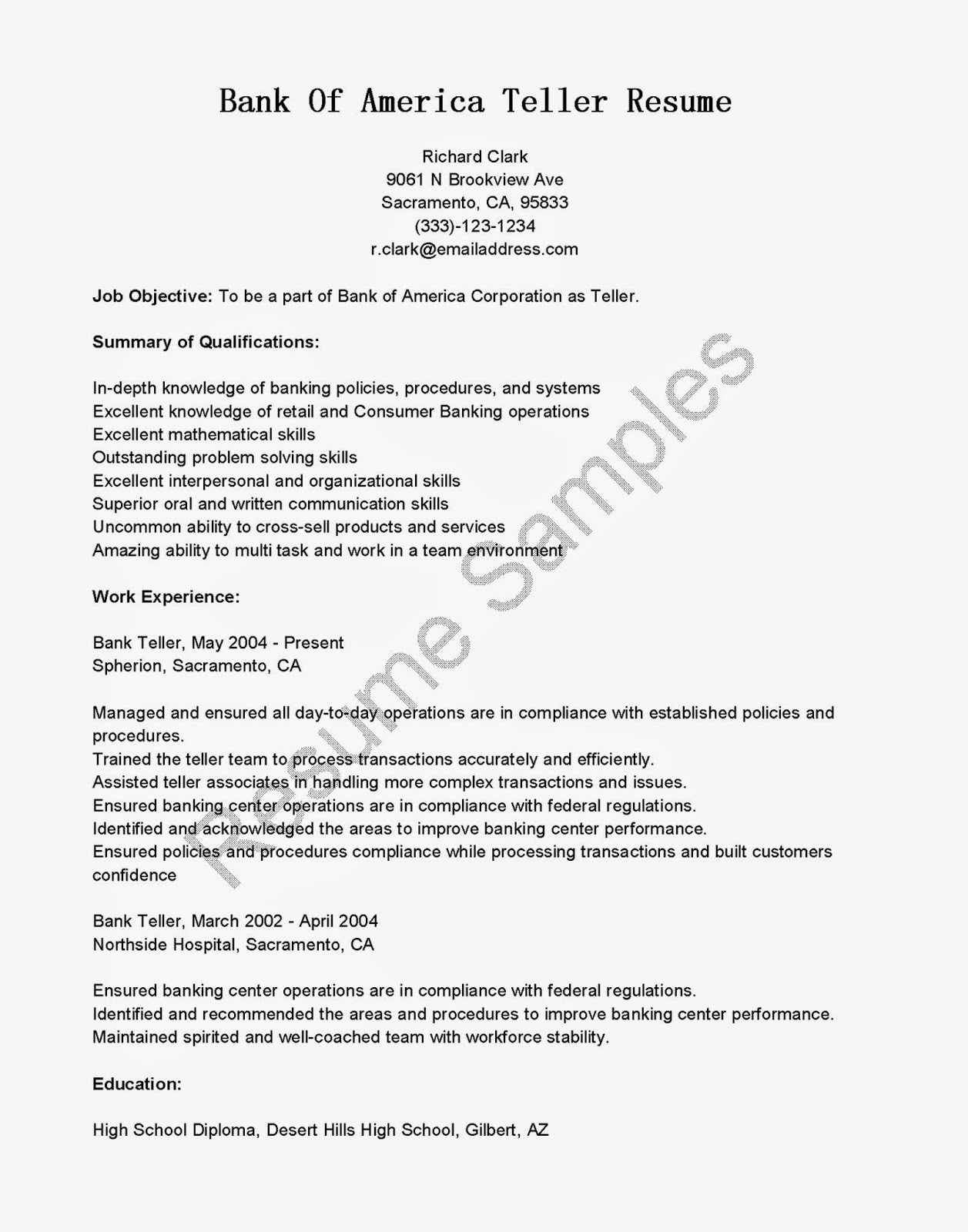 sample resume for bank jobs