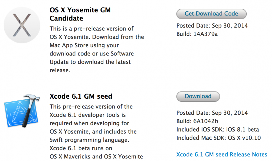 Mac OS X 10.10 Yosemite GM Candidate (14A379a), Public Beta 4 (14A379b), Xcode 6.1 GM (6A1042b) Mac OS X 10.10 Yosemite GM Candidate (14A379a), Public Beta 4 (14A379b), Xcode 6.1 GM (6A1042b)