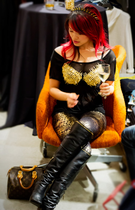 necessary clothing spiked bra, gold leggings, lamb boots, LV speedy 25, spiky head band