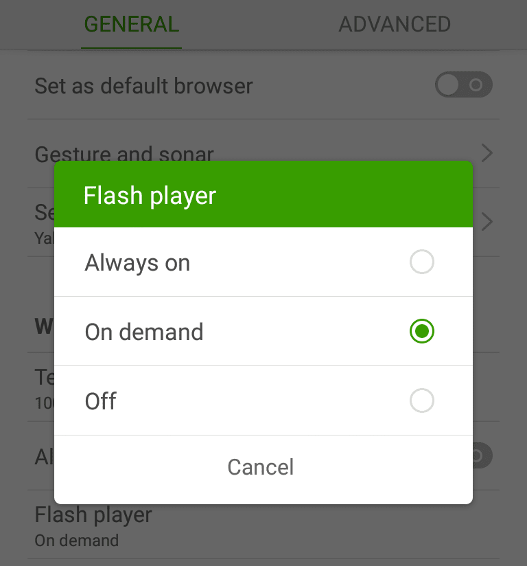 Flash Installed in Dolphin Browser Dolphin Browser Flash Player Options
