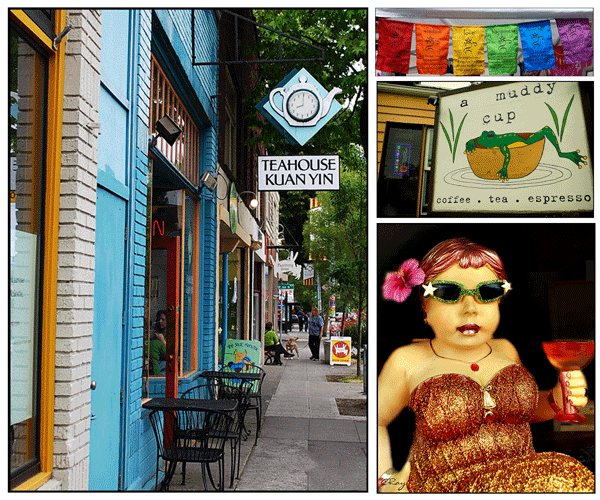 Street scenes of Wallingford neighborhood Seattle, teahouse, doll with martini glass, 
