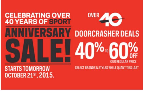 Sportchek 40 Years of Sport Anniversary Sale 40-60% Off Doorcrasher Deals