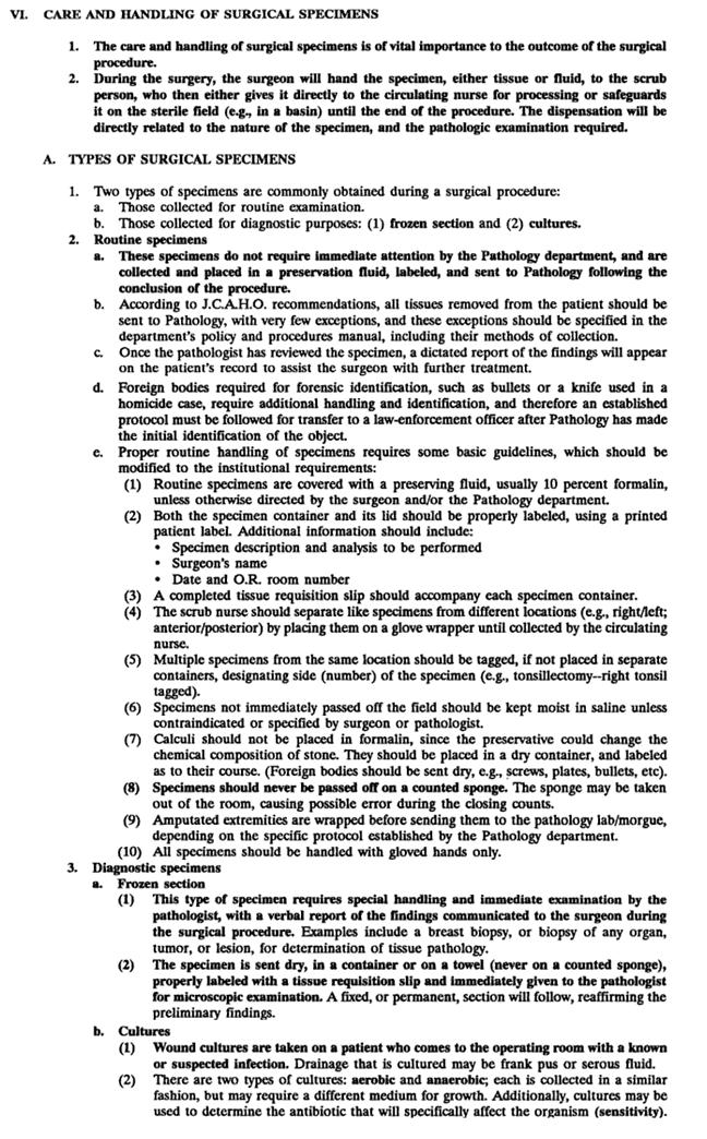 Ward, OR/DR Requirements in MSHC Types of Surgical Specimens (Care and