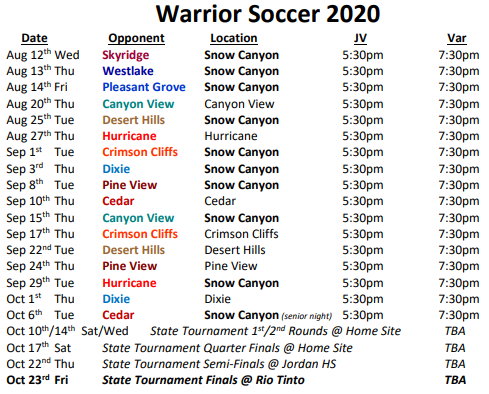 2020 Soccer Schedule