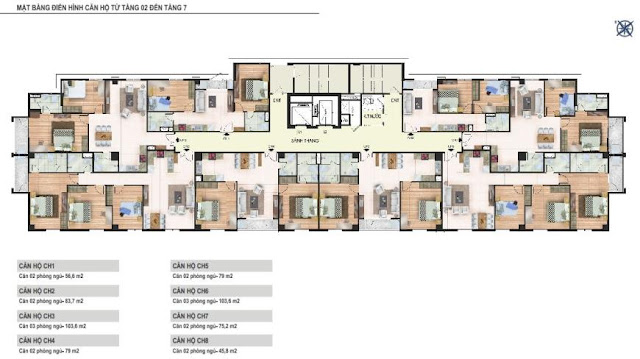 Hình ảnh mặt bằng điển hình căn hộ từ tầng 02 đến tầng 07 chung cư Yên Hòa Condominium