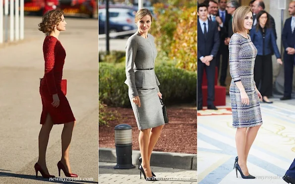 The outfits worn by Queen Letizia of Spain. Queen Letizia owns this style in many different colours and fabrics. Queen Letizia of Spain new style icon. Beethoven Earrings, Letizia S Closet, Royal Jewelry, Royal Style, Spanish Royals, Queen Letizia of Spain wearing dangly Earrings, Bracelets. diamond, necklaces. 