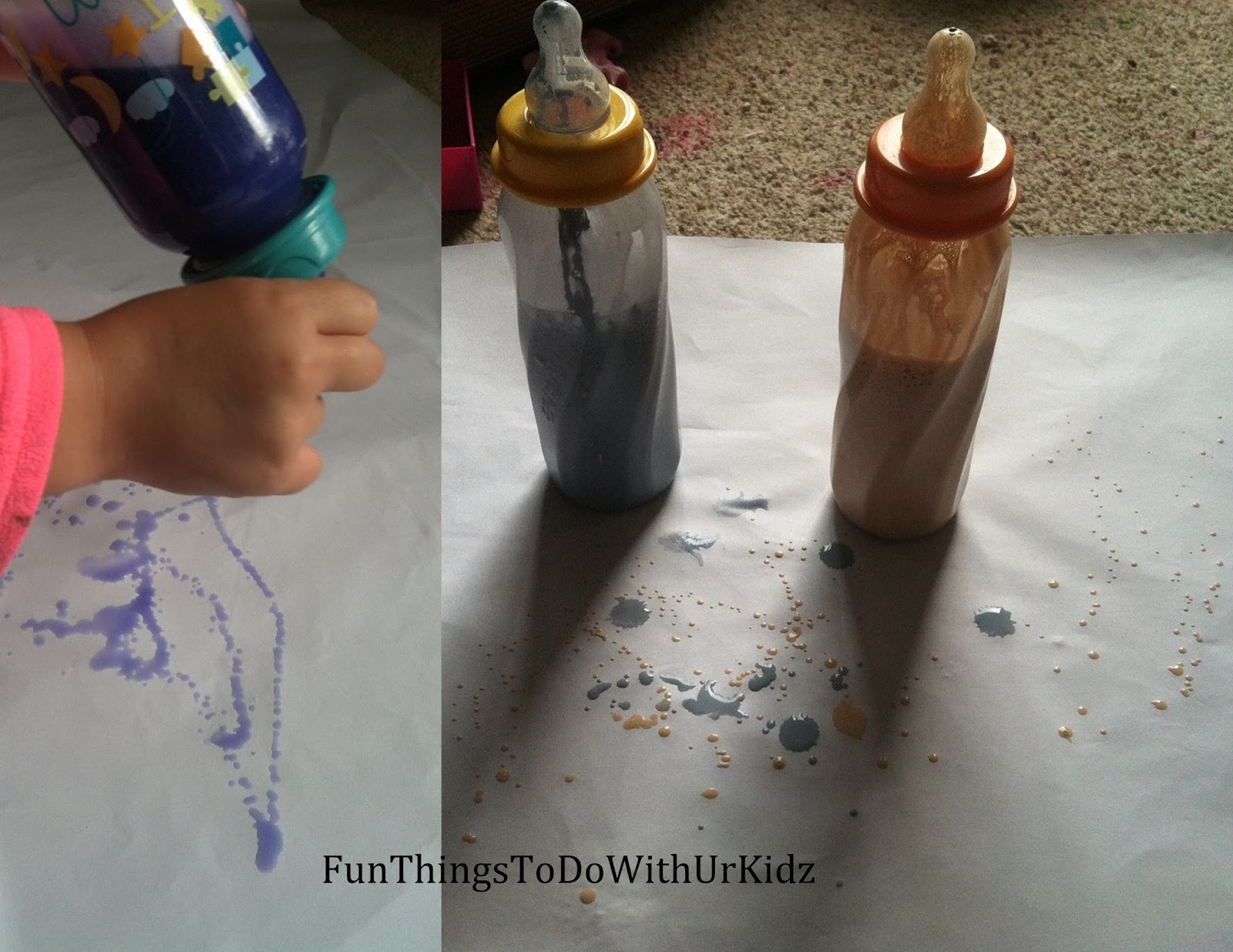 Splat painting using old baby bottles