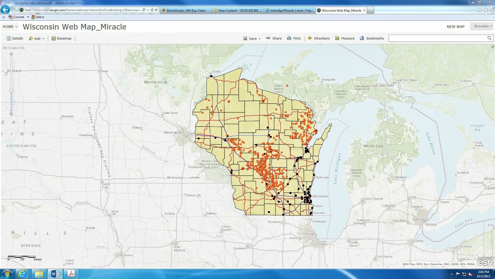 this particular data displays fires in 2004 in the state of wisconsin the data has been added to the map from the previous step this particular data displays fires in 2004 in the state of wisconsin the data has been added to the map from the previous step