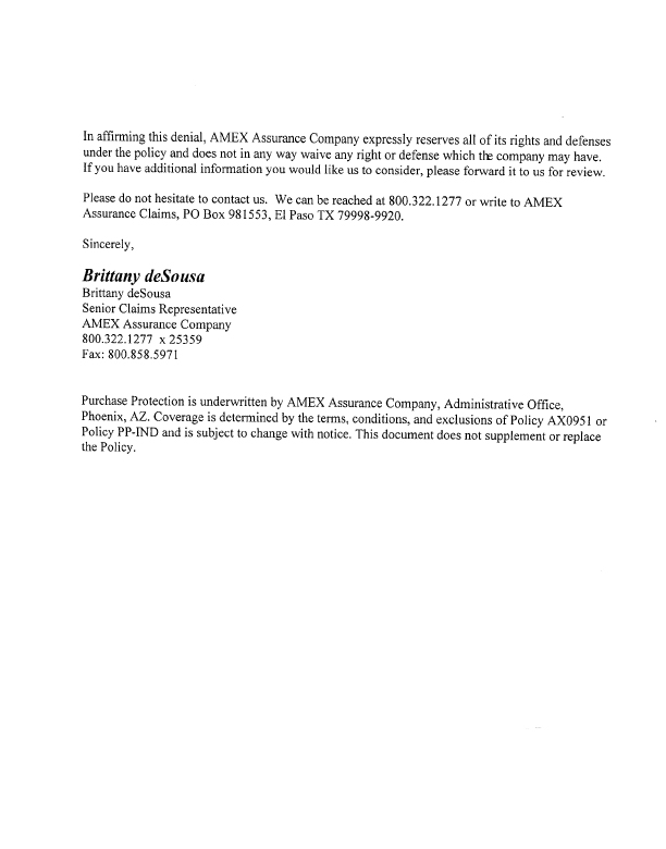 American Express Purchase Protection Failure The Second Denial Letter