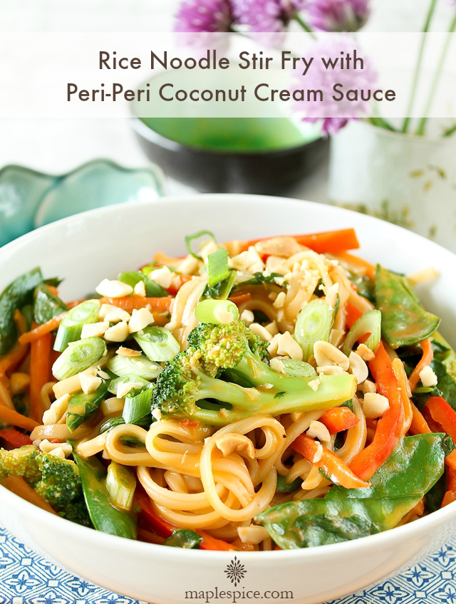 Rice Noodle Stir Fry with Peri-Peri Coconut Cream Sauce. Vegan and Gluten-Free Recipe.