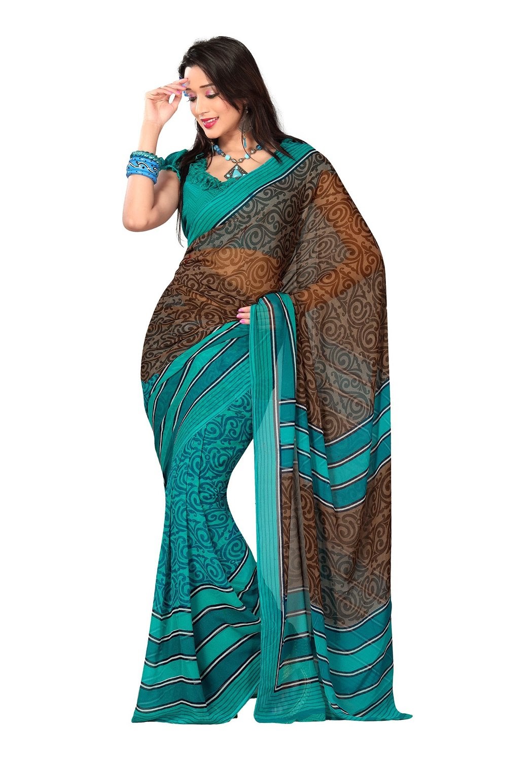  Tuquoise with Brown Printed Georgette Saree