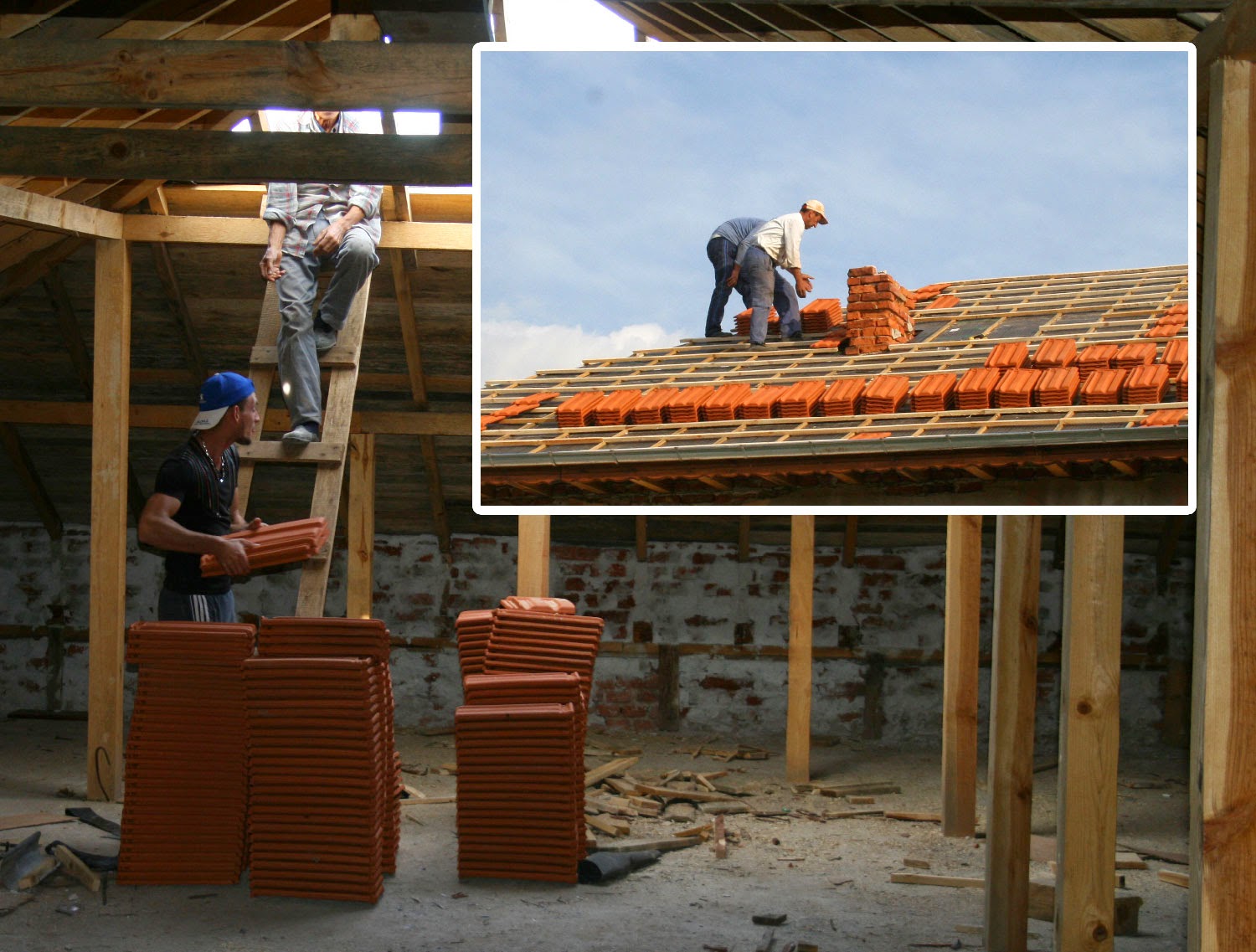 The tiles go onto the roof The tiles go onto the roof