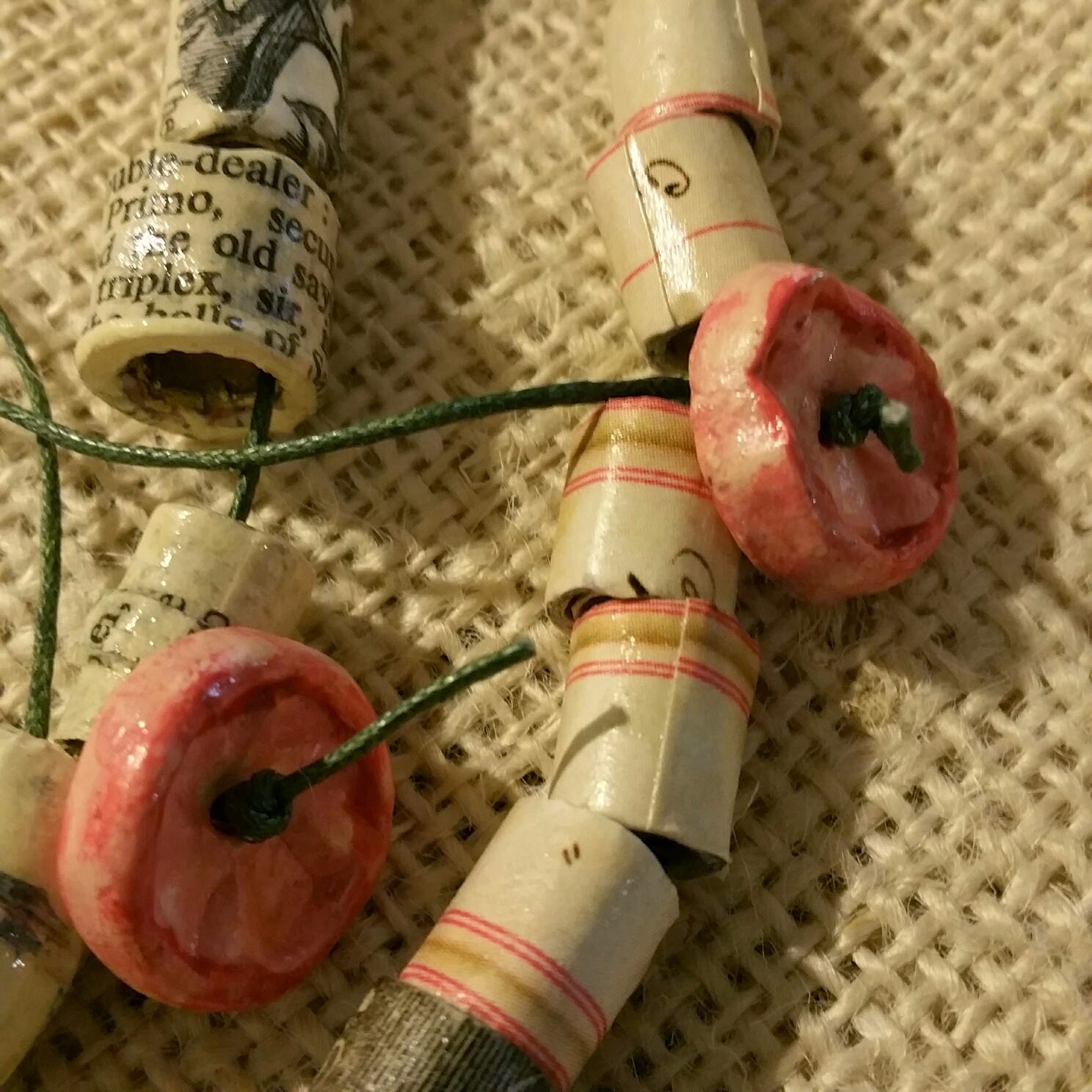 Clay flower beads with paper beads and cording