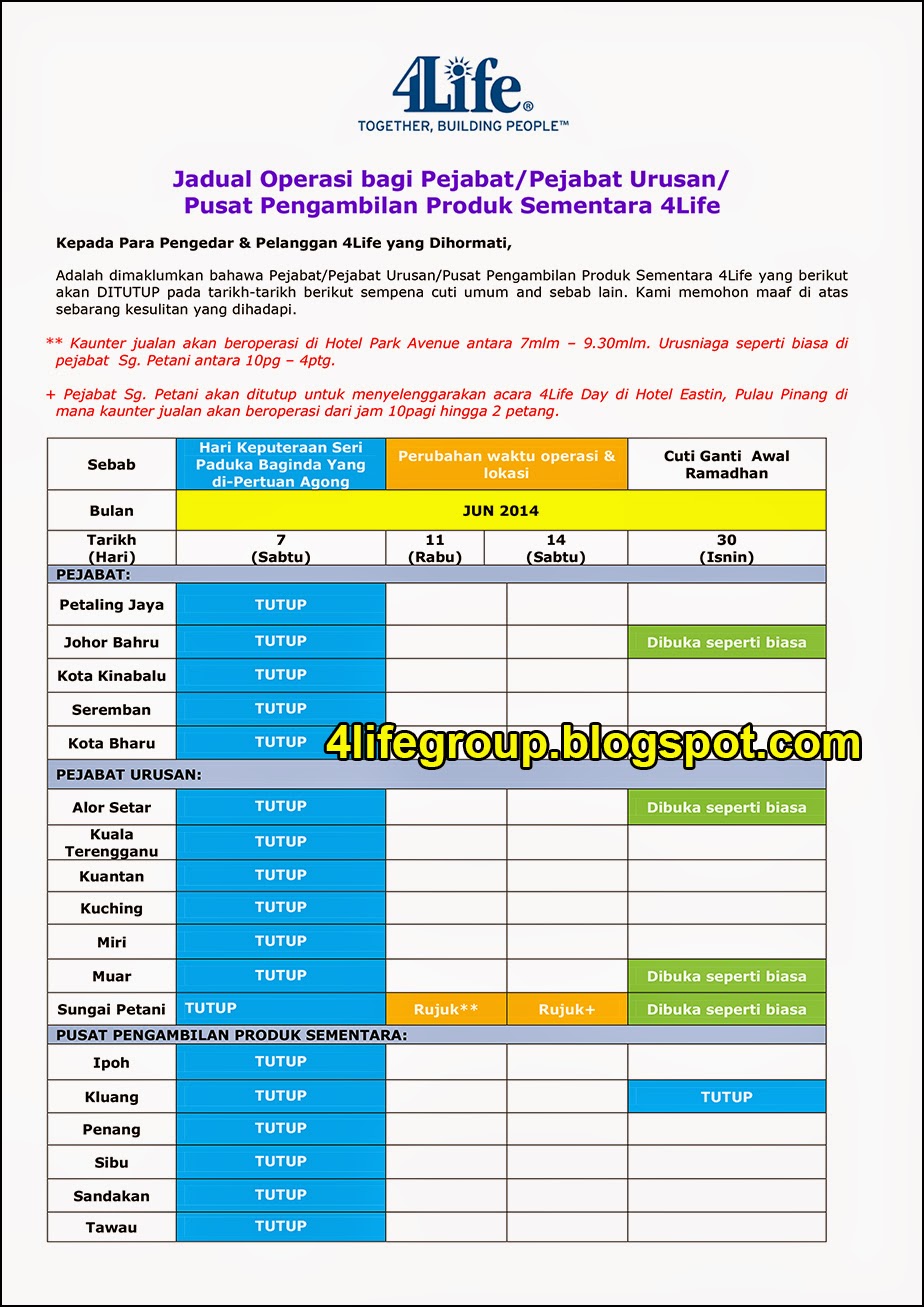 Jadual Operasi Bulanan Jun 2014 4Life Malaysia foto Jadual Operasi Bulanan Jun 2014 4Life Malaysia