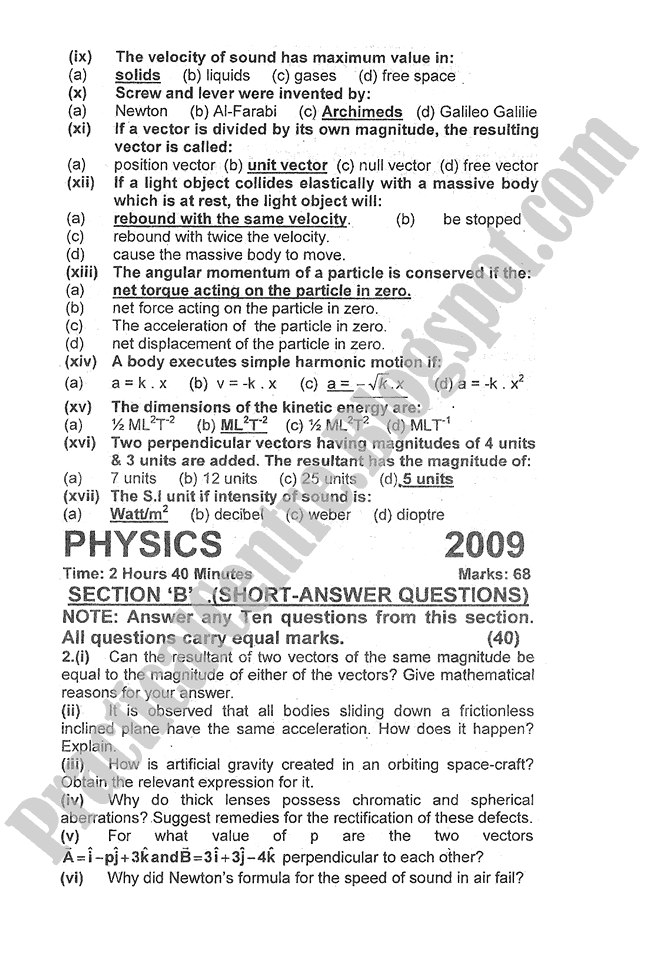 Physics-2009-five-year-paper-class-XI