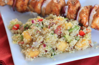 spiced chicken skewers with nectarine and avocado quinoa salad