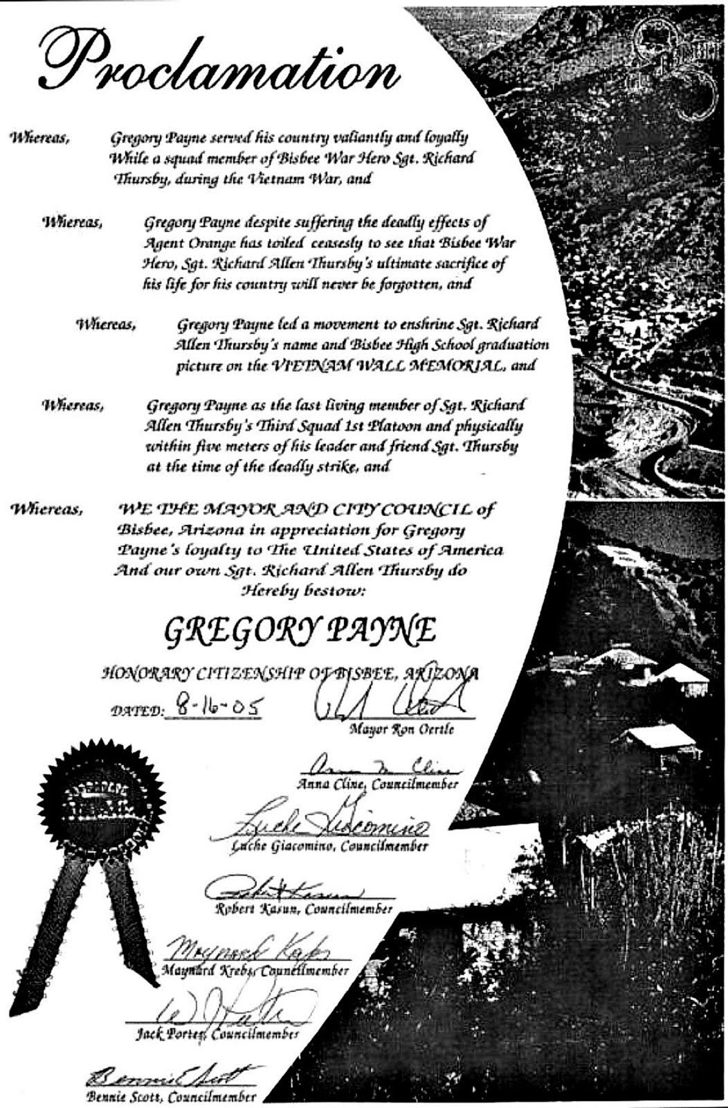 MY BISBEE, AZ  PROCLAMATION - FROM THE BISBEE AZ MEMORIE GROUP AND 7 AZ GOVERNORS.