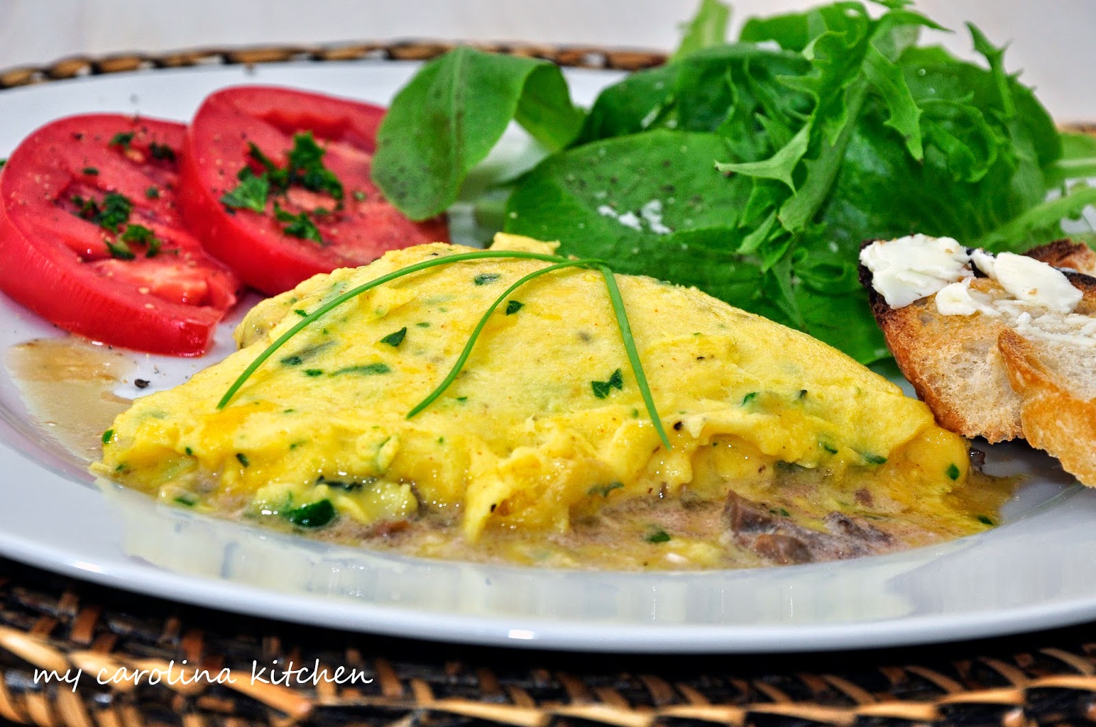 My Carolina Kitchen Truffle Omelet with Fine Fresh Herbs and a Port