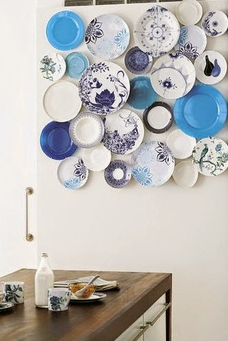 blue plates on white wall wall decor, plate arrangements
