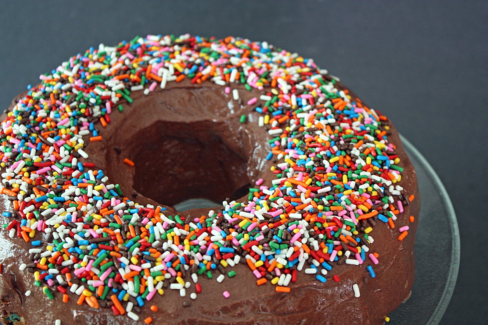 Confetti bundt cake with whipped chocolate ganache frosting (