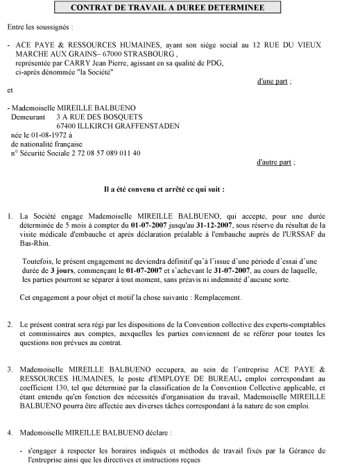 exemple de contrat de travail