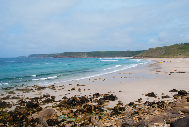 Beach of sennen cove Sennen cove blue skies, waters and beach image. west cornwall, england, UK