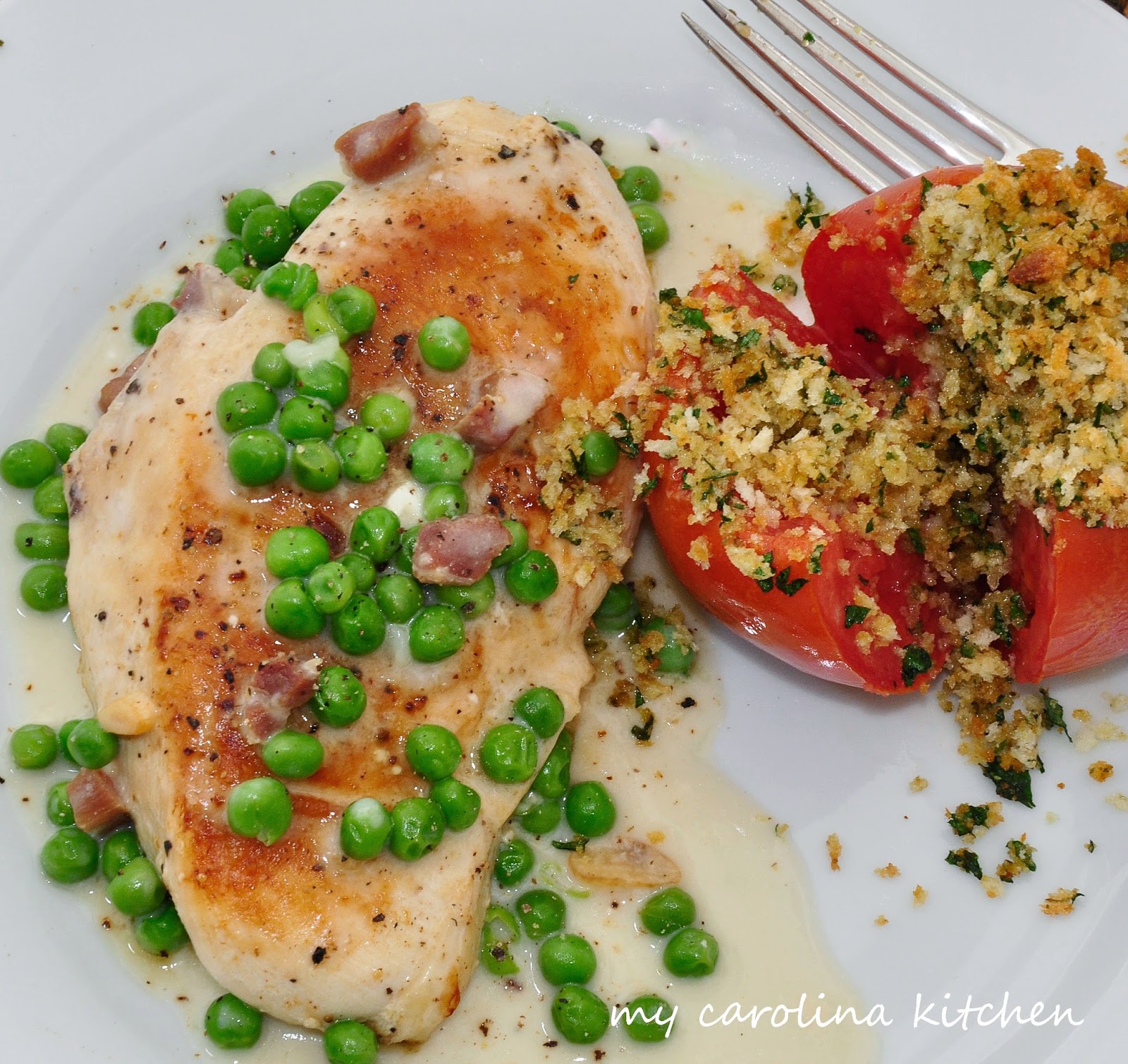 My Carolina Kitchen Chicken Breasts with Pancetta Cream and Peas
