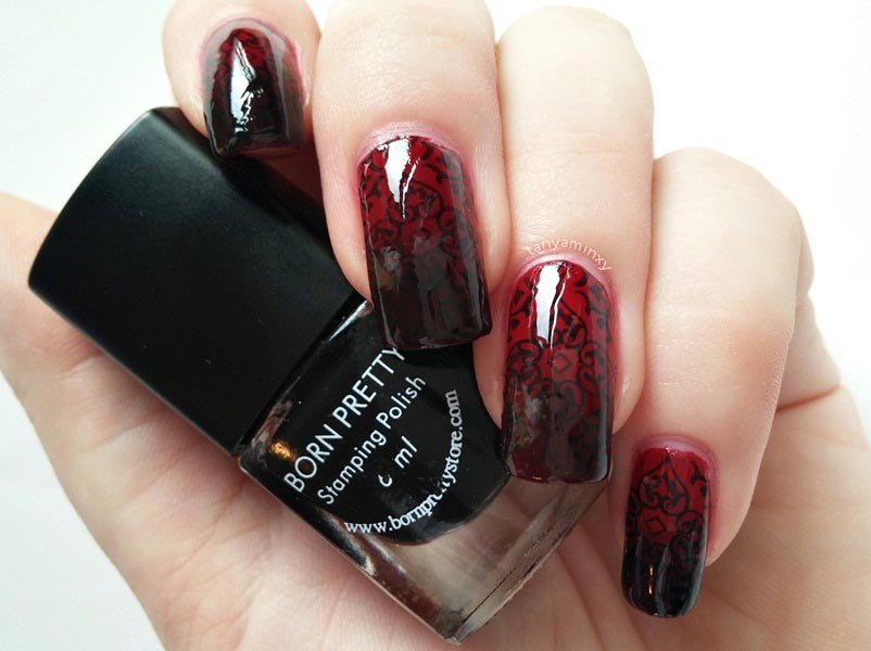 Baroque Gothic Dark Red Stamping Nails Nail Art Design Manicure