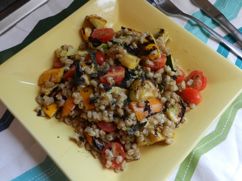 Kale Eats Farro with Grilled Summer Vegetables and Pesto Vinaigrette
